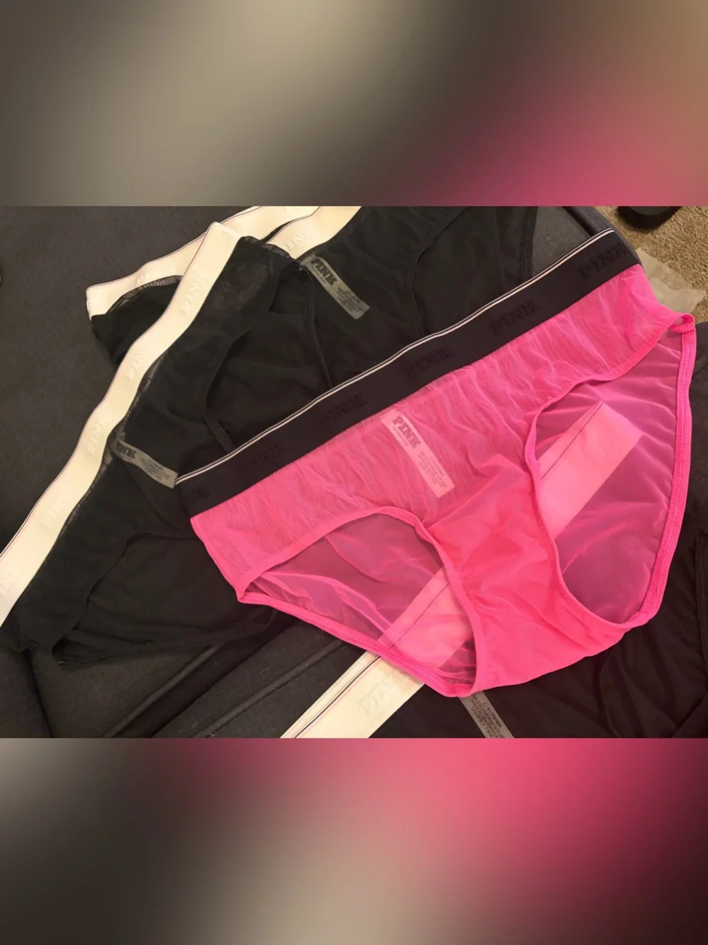 PINK Victoria's Secret Logo Mesh Hiphugger Pink & Black Panties